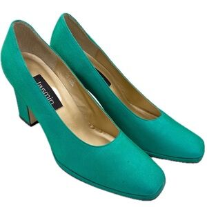 Jasmin Dress Shoes, Teal Iridescent Fabric Pumps Size 9 M